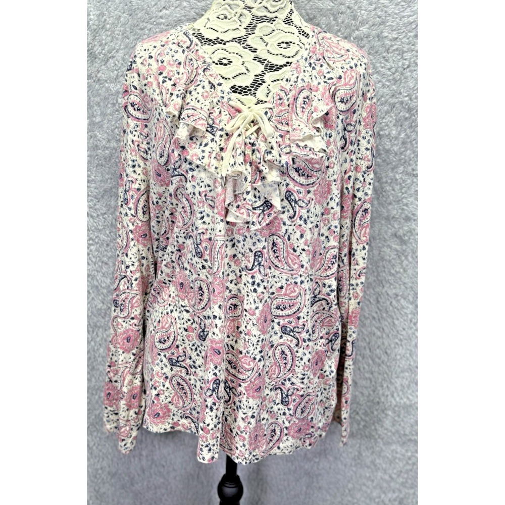 Chaps Womens 3X Pink Paisley Ruffle Lace Up V-Neck Long Sleeve Cotton Top Boho